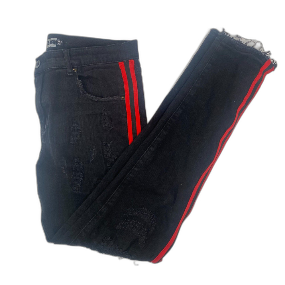 Decibel Distressed Skinny Jeans Men's 36x32 with Red Stripes Denim Punk Jeans